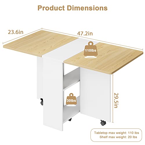 CABIHOME Folding Dining Table, Dinner Table with storage and Shelves, White | 2-Layer Storage Rack, Space Saving Dining Table with 3 Wheels, Kitchen Table for small space, Dining Room - color: Natural Wood, size: 47.2"D x 23.6"W x 29.5"H