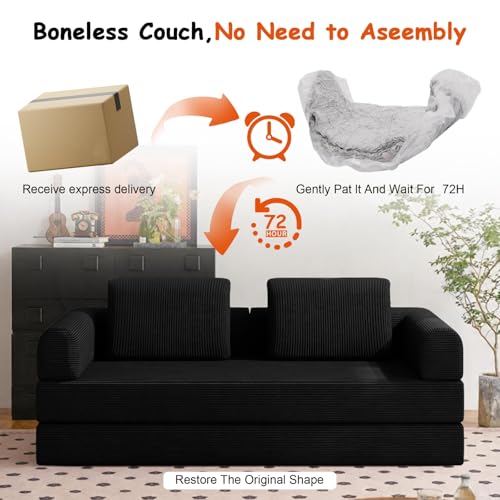78" Convertible Sofa Bed, Corduroy Pull Out Couch with Fixed Frame & Pocket | 5-in-1 Boneless Sleeper Sofa, Couch Bed with 2 Pillows, Living Room, Small Spaces, Bedroom, No Assembly - color: 78''black