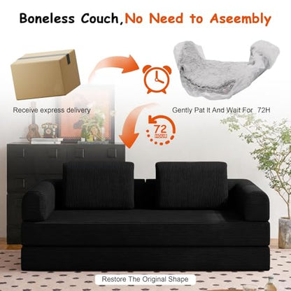 78" Convertible Sofa Bed, Corduroy Pull Out Couch with Fixed Frame & Pocket | 5-in-1 Boneless Sleeper Sofa, Couch Bed with 2 Pillows, Living Room, Small Spaces, Bedroom, No Assembly - color: 78''black