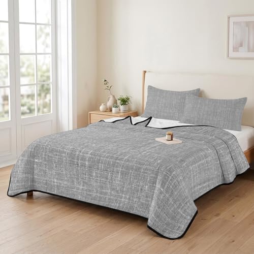 Twin XL Quilt Bedding Set, Minimalist Gray Aesthetic Soft Microfiber Summer Bedspread Coverlet with 2 Pillow Shams for All Season, Retro Linen Textured Breathable Bedding Set for Hot Sleepers - size: Twin XL