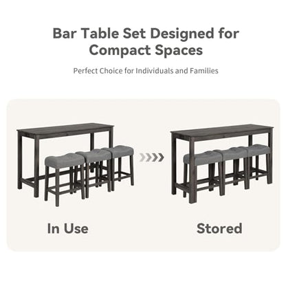 59" Counter Height Bar Table Set with Power Outlet, Industrial Breakfast Table with 3 Padded Stools, 4 Piece Bar Table and Chairs Set for Living Room, Dining Room, Dark Gray - color: R1-dark Gray