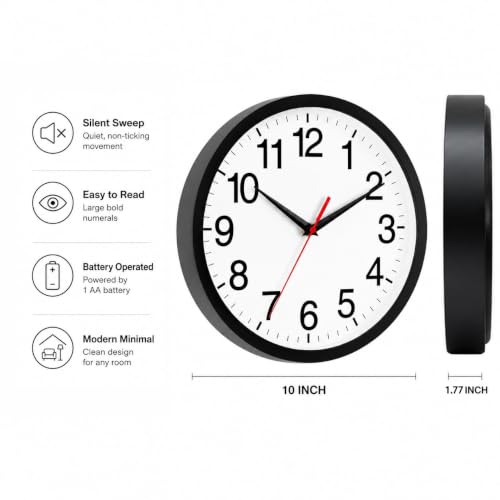 Wall Clock Analog 10 Inch Black Battery Operated Silent Clock | Easy To Read, Non Ticking, Round, Accurate, Kitchen, Living Room, Classroom, Office, School - color: A_black, size: 10 Inch