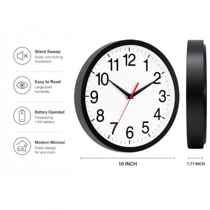 Wall Clock Analog 10 Inch Black Battery Operated Silent Clock | Easy To Read, Non Ticking, Round, Accurate, Kitchen, Living Room, Classroom, Office, School - color: A_black, size: 10 Inch