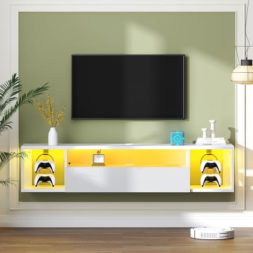 DlandHome 55.1" W Floating TV Stand with LED, Wooden Entertainment Center | Wall Mounted TV Shelf for 50/55/60/65" TV, Media Console with Storage Shelves, Floating Entertainment Center, White - size: 55.1'' White