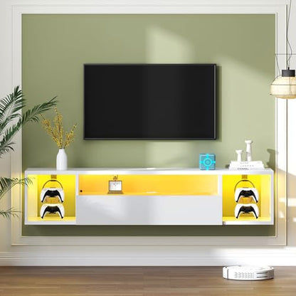 DlandHome 55.1" W Floating TV Stand with LED, Wooden Entertainment Center | Wall Mounted TV Shelf for 50/55/60/65" TV, Media Console with Storage Shelves, Floating Entertainment Center, White - size: 55.1'' White