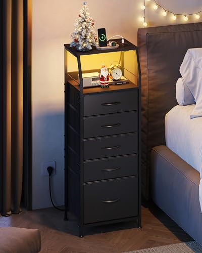 WLIVE LED Nightstand with Charging Station, Fabric Dresser with 5 Drawers for Bedroom, Tall Night Stand with Open Shelves, Bed Side Tables Living Room, Black - color: Black, size: 5 Drawers