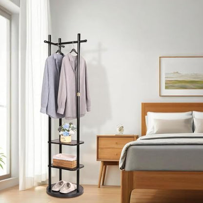 Wood Coat Rack Freestanding Rotary Coat tree with 3 Shelves and 5 Hooks | 4 Swivel Wheels Heavy Duty Clothing Rack Coat Hanger Stand for Corner Entryways Living Rooms and Bedrooms, Black