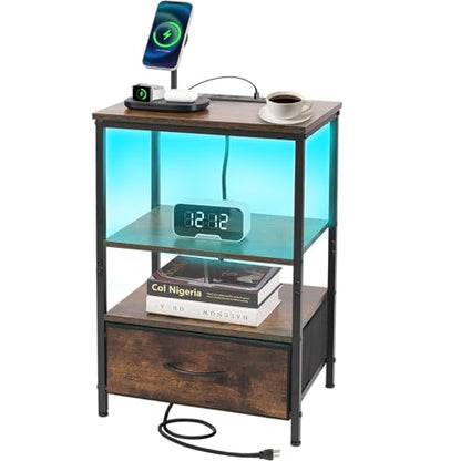 Night Stand with Charging Station, Bedside Table with Adjustable Fabric Drawers, End Table with LED Lights, Side Table with USB Ports Open Shelf for Bedroom, Brown - color: Brown