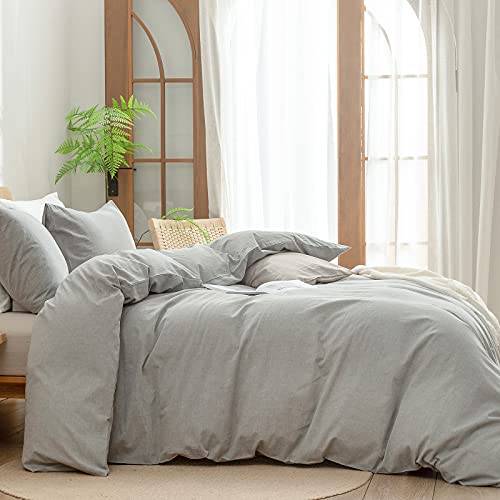 BESTOUCH Cotton Solid Duvet Cover Set Linen Feel Light Grey Super Queen | 100% Washed Cotton, Soft Wrinkle Texture, Hidden Zipper, 8 Ties, Breathable Lightweight Durable Comfy, 3 Pcs No Insert - color: Light Grey (No Comforter), size: Super Queen (98" X 9