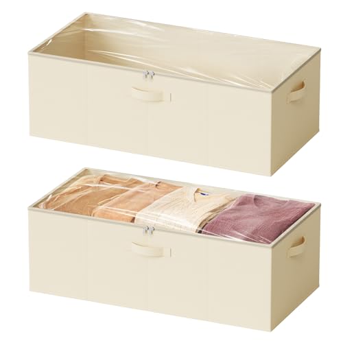 SpaceAid 2팩 25.4cm(10인치) 높이 침대 아래 보관 용기, 침실, 기숙사, 옷, 옷장 정리, 침대 시트 및 담요용 뚜껑이 있는 대형 침대 밑 보관 정리함 통 (베이지) - color: 베이지.