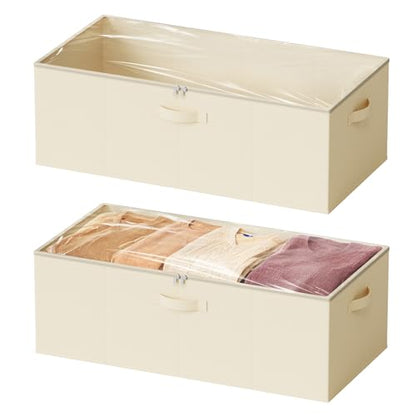 SpaceAid 2팩 25.4cm(10인치) 높이 침대 아래 보관 용기, 침실, 기숙사, 옷, 옷장 정리, 침대 시트 및 담요용 뚜껑이 있는 대형 침대 밑 보관 정리함 통 (베이지) - color: 베이지.