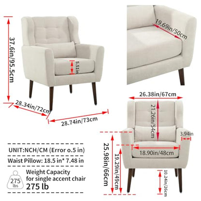 Accent Chair, Living Room Chairs with Solid Wood Legs & Pillow | Chairs Living Room with High Tufted Backrest, Reading Chair for Bedroom/Office, Chenille Fabric - color: Beige(a)