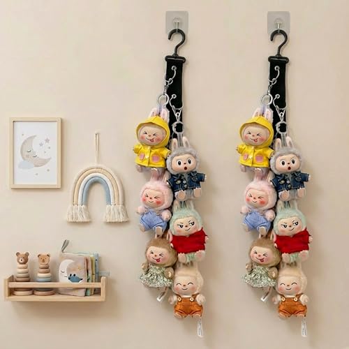 Plush Doll Hanging Storage Rope Display Rack with 8 Clips – Wall Hanging Organizer for Keychain Plushies, Mini Toys– Holds up to 3kg (Black) - color: 1 PCS Black