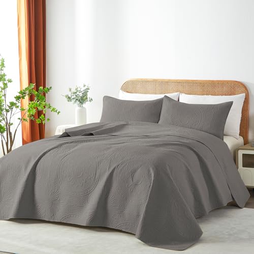 WURUIBO Full/Queen Quilt Set Grey,Ultrasonic Embossed Bedspread, Lightweight Microfiber Coverlet, Modern Thin Bedding Set for All Season, 3 Piece(1 Quilt,2 Pillow Shams) - color: Grey, size: Full/Queen(90"x96")