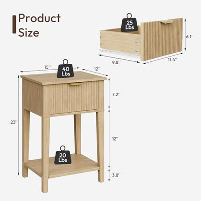 FuniXpress Small Nightstand, 15" Wide, Drawer and Shelf, Natural Oak Fluted | Light oak tone, clean fluted front, 11.8-inch slim depth, smart storage, fits bedside, sofa side, or small spaces - color: Natural Oak