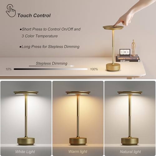 TBBGA 2 Pack Rechargeable Cordless Table Lamp, 5000mAh Battery Table Light | 3 Color Stepless Dimming Portable LED Table Light with Memory Function, for Outdoor/Dinner/Patio/Restaurant.(Gold) - color: Gold-2