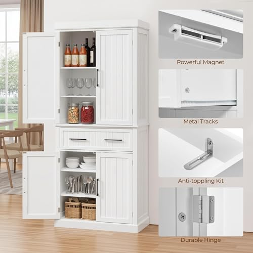 Yaheetech 72.5" H Freestanding 4-Door Kitchen Storage Cabinet,White | Stand up pantry with adjustable shelves and wide drawer in an engineered wood body for kitchen/Living Room