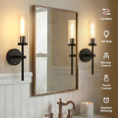Shenmoyl Battery Operated Wall Sconces Set of 2, Black Rechargeable Wall Lighting Fixtures, Dimmable Wall Lights with Remote & Clear Glass Shade for Living Room, Bathroom,Bedroom - color: Black - Clear Glass