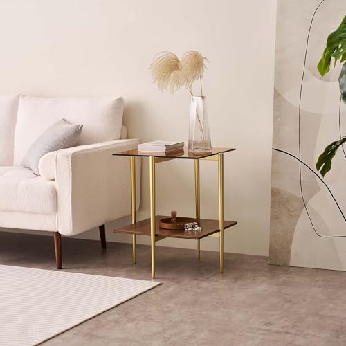 LumFurn Square Glass End Table, Mid-Century Modern Side Table for Living Room, L18xW18xH23inch, Clear Glass and Walnut MDF Wood, Gold Finish Frame - color: L18" Amber & Walnut