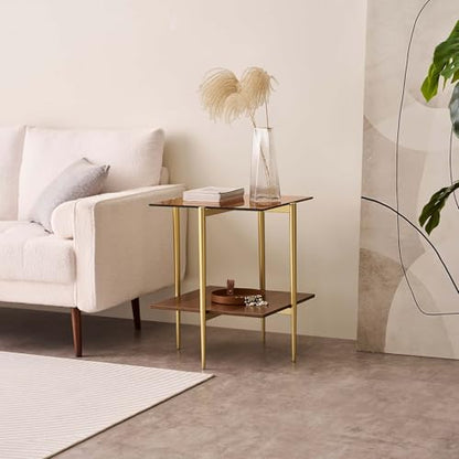 LumFurn Square Glass End Table, Mid-Century Modern Side Table for Living Room, L18xW18xH23inch, Clear Glass and Walnut MDF Wood, Gold Finish Frame - color: L18" Amber & Walnut