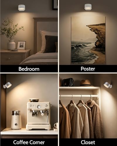 LED Wall Mounted Lights, Rechargeable Wall Sconces, 3 Color Temps, Remote & Touch, 360° Rotating and Dimmable for Bedroom, Bedside & Reading (White, 2 Pack) - color: White
