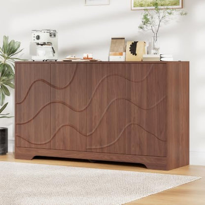 Godchoices 56" Sideboard Buffet Cabinet with Storage, Modern Accent Credenza with Wavy Doors & Adjustable Shelf, Console Cabinet for Kitchen,Living Room,Dining Room,Entryway,Hallway - color: 56" Walnut