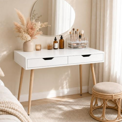 GIANTEX Mid-Century Desk with 2 Drawers, 42.5" Writing Study Desk with Tapered Legs, Home Office Computer Workstation PC Laptop Desk, Modern Makeup Vanity Table for Bedroom (White & Natural)