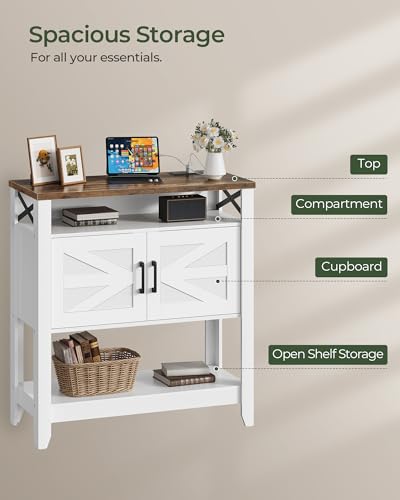 Console Table, Farmhouse Sofa Table with Power Outlet, Coffee Bar Cabinet with Storage, Entryway Table, Coffee Bar Table, for Entrance, Hallway, Kitchen, White and Walnut MXG01UWL