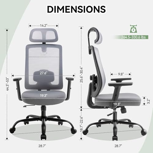 Office Chair with Mesh High Back, Ergonomic Office Desk Chair with Adjustable Lumbar Support, Rolling Work Chairs with Wheels and Headrest, Grey - color: Grey