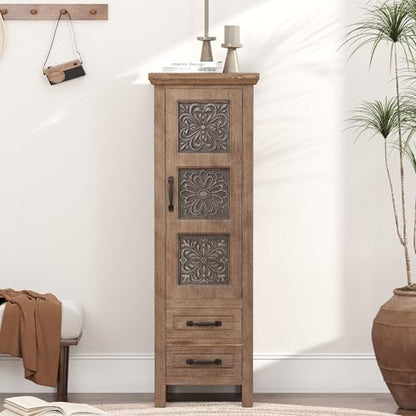 HOMPUS 48'' Tall Accent Cabinet with Door, 16'' Wide Narrow Storage Cabinet with Drawer & Shelves for Small Space, Modern Buffet Sideboard for Living Room, Kitchen, Entryway, Natural Wood - size: 16'' (2 Drawers & 1 Door)