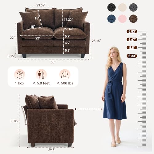 Loveseat Sofa Couch 2 Piece Set, Small Compact 50" Love Seat 27" Deep Cloud Sofa Set Washable Chenille Pillow Living Room Set for Apartment Office 50-Brown-2+2 - color: Brown, size: 50"+50"