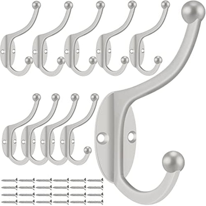 ZEYU Wall Hooks, 10Pcs Coat Hooks Hardware Towel Hooks for Hanging Coats Double No Rust Black Robe Hooks Wall Mounted with Screws for Key, Towel, Bags, Cup, Hat - color: 10Pcs Silvery