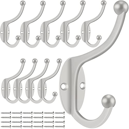ZEYU Wall Hooks, 10Pcs Coat Hooks Hardware Towel Hooks for Hanging Coats Double No Rust Black Robe Hooks Wall Mounted with Screws for Key, Towel, Bags, Cup, Hat - color: 10Pcs Silvery