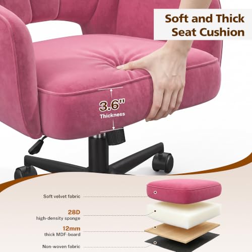 DurayLoly Desk Chair with Shell Back & 360° Swivel Wheels | Comfy Velet Vanity Chair,Adjustable Height,Stylish and Comfortable for Makeup, Work & Relaxation,Dusty Rose - color: Dusty Rose