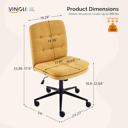 VINGLI Mid Back Armless Office Desk Chair with Wheels/no Wheels,360°Rocking Swivel Vanity Chair with Thickened Cushion,Adjustable Height Rolling for Reading Room, Make up, Linen Ginger Yellow - color: Ginger Yellow