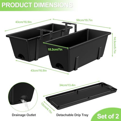 Railing Planter Box Adjustable Window Boxes Planters Set of 2, Black | Hanging Balcony Planters with Removable Bracket, Outdoor Plastic Flower Pots for Fence, Deck Railing, Porch, Patio Garden - color: Black
