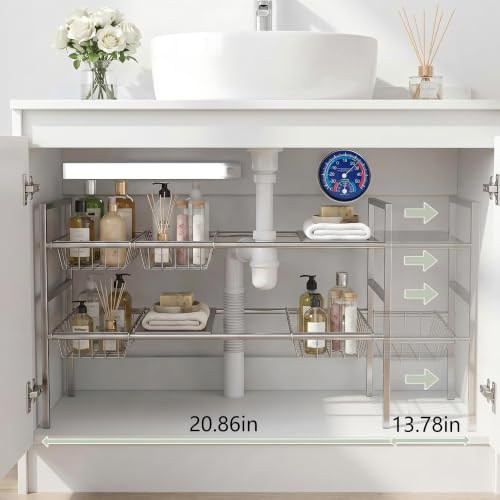 Under-Sink Organizer 2-Tier Expandable Cabinet Storage (5 panels 5baskets) | LED Motion-Sensing Auxiliary Lighting Dial Thermometer Stainless Steel Telescopic & Adjustable Rust-Resistant - size: 5 panels 5baskets