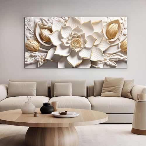 SSNEEKNDG Flower Wall Art White and Gold Botanical Canvas Artwork 29"x58" | Modern Artwork,Minimalist,Canvas Prints,For Living Room Bedroom Office - size: 29"L x 58"W