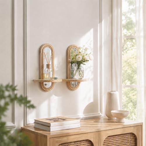 Artilady Floating Shelves with Arched Mirror, Boho Wall Decor for Storage | Solid Wood Hanging Trinket Shelf, Modern Plant Candle Holder for Small Space, Farmhouse Bathroom Bedroom Living Room Wall Art - color: Beige With Mirror