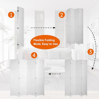 BLKMTY Room Divider, 6ft Folding Privacy Screens, Wall Divider Portable Room Seperating Freestanding Wood Screen, 4 Panels Hand-Woven Design Screen Double Hinged Dividers for Bedroom, White - color: White