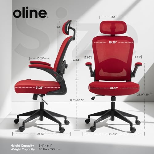 Oline ErgoAir Ergonomic Office Chair – Adjustable Lumbar Support, Flip-Up Armrests, Mesh Computer Desk Chair, Swivel Rolling Executive Gaming Chair for Home & Office (Red) - color: Red