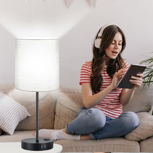 Lynnoland Set of 2 Touch Control Table Lamps with 2 USB & AC Outlet, 3-Way Dimmable Bedside Nightstand Lamps for Bedroom Living Room Nursery, 800 Lumens 5000K Daylight Bulbs Included - color: (2 Pack)Gray & Matte Black(Base)-5000K Bulbs Included