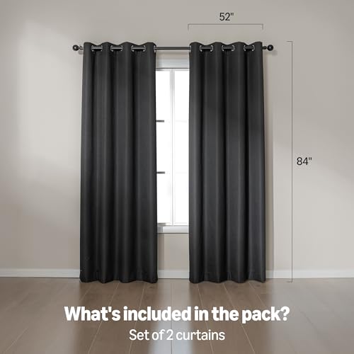 Amazon Basics Faux Linen Blackout Curtains for Bedroom and Living Room, 2-Piece Set with Grommets, 52" W x 84" L, Black - color: Black, size: 52"W x 84"L (Pack of 2)