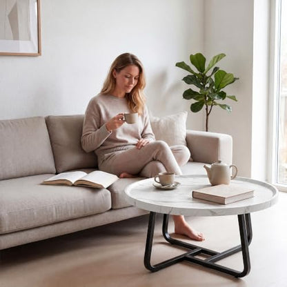 Garvee 19.7 in Round Coffee Table with Wood Surface Top & Sturdy Metal Leg | Small White Center Table, Easy-Clean & Waterproof, Raised Edge Side Table Compact for Apartment, Living Room, Balconies - color: White