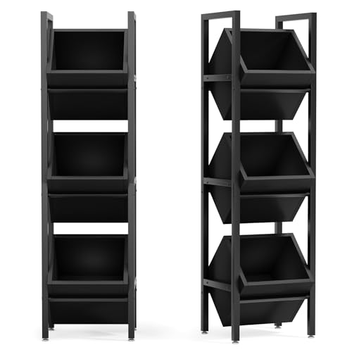 LITTLE TREE 3-Tier Basket Stand, Wooden Floor Stand Shelving Unit, Rustic Standing Organizer Storage Rack for Kitchen, Bathroom, Living Room (Black, 2) - color: Black, size: 3-Tier