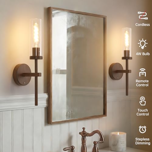 Shenmoyl Battery Operated Wall Sconces Set of 2, Walnut Color Rechargeable Wall Lighting Fixtures, Dimmable Wall Lights with Remote & Clear Glass Shade for Living Room, Bathroom,Bedroom - color: Walnut - Clear Glass