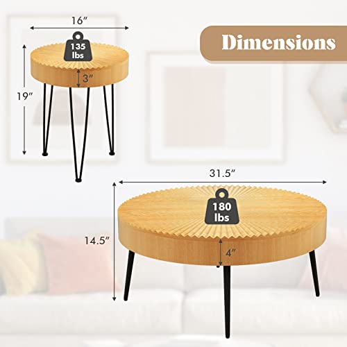 Giantex Boho Round Coffee Table Set of 2, Sofa Side Nesting Table with Solid Pine Wood Top, Metal Legs & Adjustable Foot Pads, 31.5" D Large Table Set for Living Room (Radial Pattern, Natural) - color: Natural, style: Radial Pattern