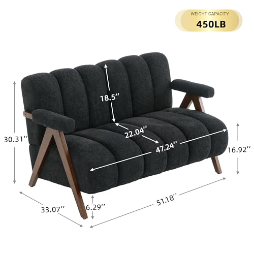 Mid Century Modern Accent Chair Loveseat Sofa with Solid Wood Frame, Boucle Upholstered Living Room Chairs with Thick Cushion, Comfy Tufted Arm Chair for Bedroom, Black - color: Black, size: 2-seater
