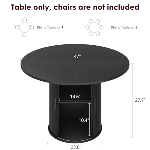 IDEALHOUSE 47 Inch Round Dining Table for 4, Black | With 2-Tier Shelf and Wood Slide Door, Pedestal Dinner Table Space Saving, T-Shape Base, Dining Room, Modern Black Finish - color: Black