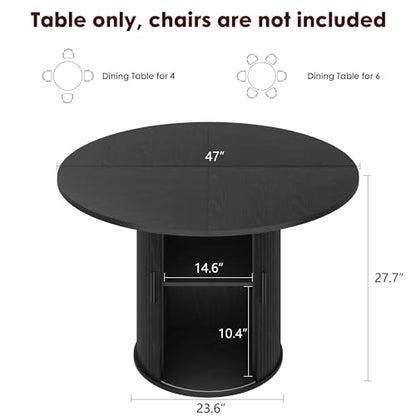 IDEALHOUSE 47 Inch Round Dining Table for 4, Black | With 2-Tier Shelf and Wood Slide Door, Pedestal Dinner Table Space Saving, T-Shape Base, Dining Room, Modern Black Finish - color: Black